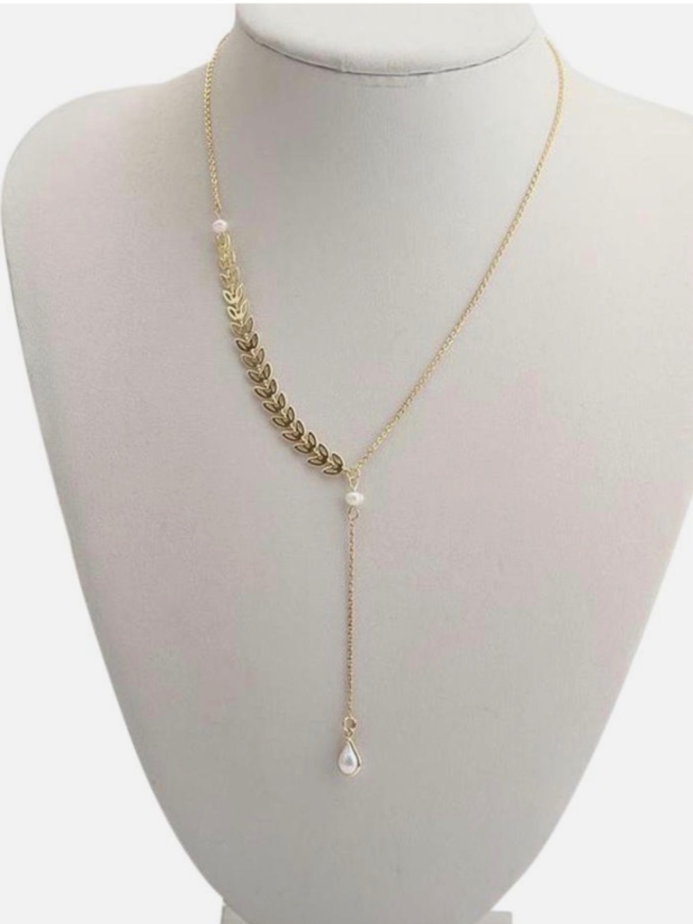 AUTHENTIC New COACH GOLD Leaf and Pearl Y Drop Necklace 18" w/Dust Bag